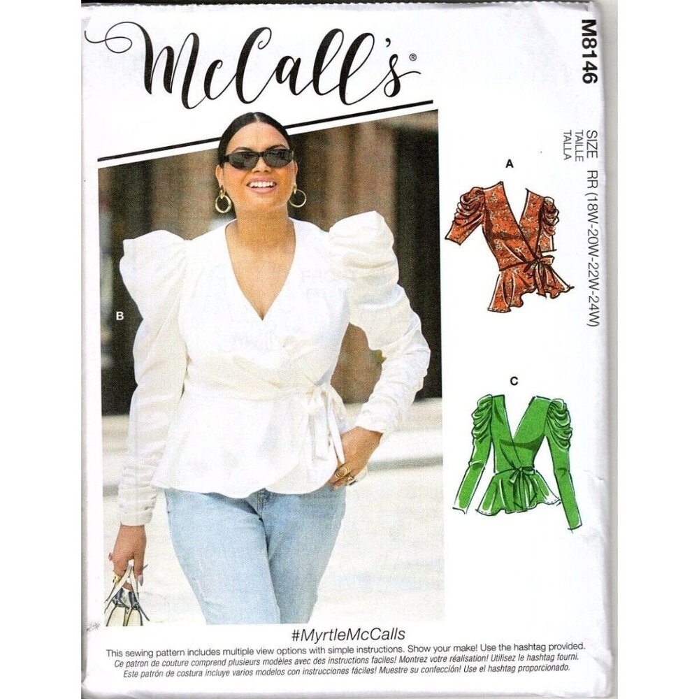 McCall's M8146 Womens 18W to 24W Wrap Peplum Tops Uncut Sewing Pattern New